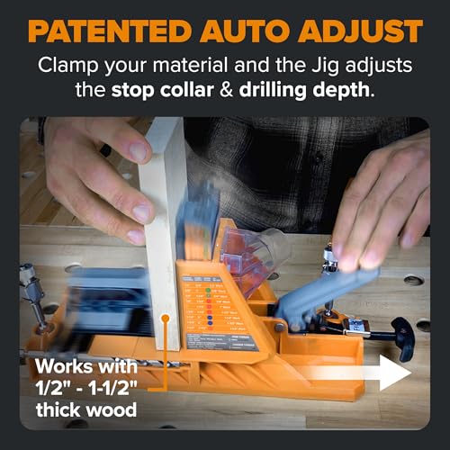 Bora Automatic Pocket Hole Jig with 50 Color-Coated Screws, Auto Adjusting Drill Guide, Pocket Hole Jig Kit for Woodworking - for Materials 1/2 inch to 1 1/2 inch Thick, BR-A170201
