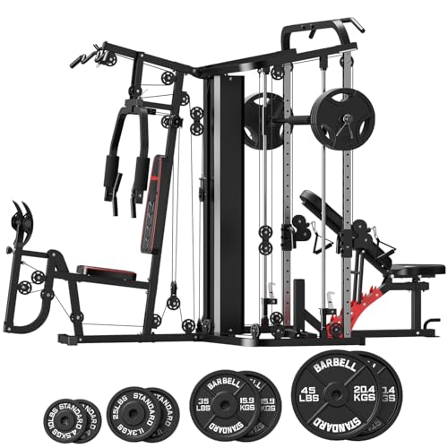 SunHome Multifunction Home Gym System Workout Station,Smith Machine with 138LB Weight Stack, Leg Press, LAT Station for Full Body Training