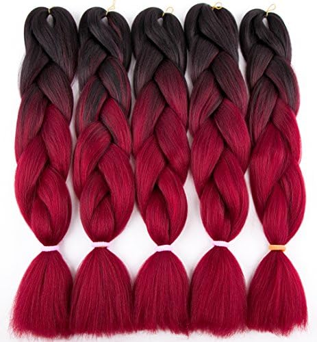 5Pcs/Lot Ombre Braiding Hair Extensions 24" High Temperature Kanekalon Fiber Braiding Hair Synthetic Jumbo Braid Hair for Twist Crochet (Black-Wine Red)