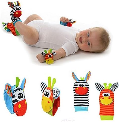 4pcs set Cute Animal Infant Baby Kids Hand Wrist Bell Foot Sock Rattles Soft Toy by Longji