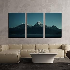 3 Piece Canvas Wall Art - Mountain Peaks Covered by Snow at Night - Modern Home Art Stretched and Framed Ready to Hang - 16"x24"x3 Panels