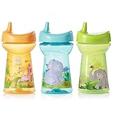 Evenflo Feeding Zoo Friends Tripleflo Sippy Cups with Three Flow Rates For Growing Baby and Toddler - Teal/Green/Orange, 10 Ounce (Pack of 3)
