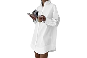 LYANER Women's Casual Shirt Dress Collar V Neck Button Down Loose Long Sleeve Mini Dresses