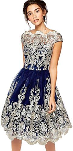 KEERADS Women's Vintage Formal Evening Short Sleeve Lace Swing Party Dress (Tag S = UK XS, Blue)