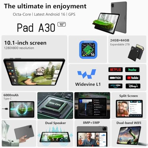 Android 16 Tablet, 10 Inch Tablet with Octa-Core, 24GB RAM 64GB ROM 2TB Expand, Gemini AI, 6000mAh, WiFi, GPS, Dual Camera, BT 5.0, 2 in 1 Tablets PC with Keyboard, Case, Mouse, Stylus (Blue)