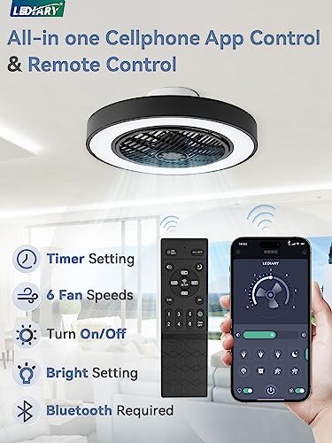 LEDIARY 20 Inch Low Profile Ceiling Fans With Lights, Led Bladeless Ceiling Fan, Remote Control Enclosed Flush Mount Ceiling Fan With Timming, 3000-6000K, 6 Wind Speed, 3000LM, 57W-Black