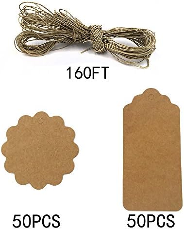 HJXL Kraft Paper Tags Craft Hang Tags with Free 160 Ft Natural Jute Twine, Writable Display Labels For Gifts, 50PCS Round（2.3inchs）,50PCS Rectangle（3.71.7inchs）