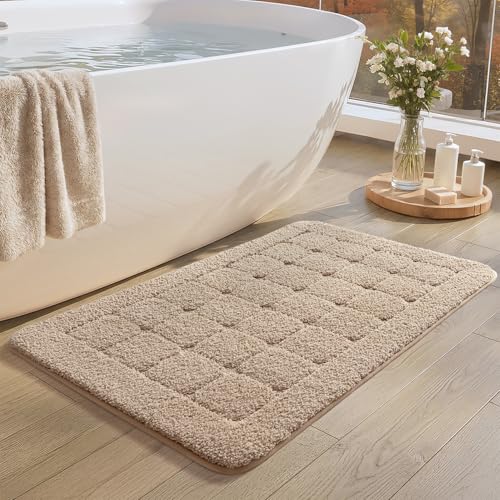 Color&Geometry Ultra Soft Bathroom Rug, Non Slip Machine Washable Bath Mat with Rubber Backing, Plush Fluffy Absorbent Carpet for Bathroom Floor, Tub and Shower, 24"x36", Beige