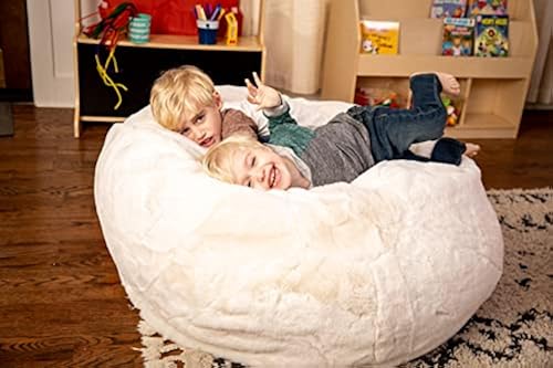 EMMA OLIVER Oversized White Furry Refillable Bean Bag Chair for