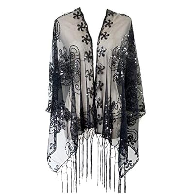 Zakia Women's sequined shirt mesh scarf 1920s Cape fringed evening dress shiny shawl shrug wedding party Zakia Women's sequined shirt mesh scarf 1920s Cape fringed evening dress shiny shawl shrug wedding party