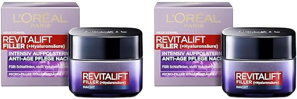 L'Oréal Paris Hyaluron Nachtcreme, Anti-Aging Gesichtspflege mit Micro-Filler Hyaluronsäure für Feuchtigkeit und Anti Falten Effekt, Revitalift Filler, 1 x 50 ml (Packung mit 2)