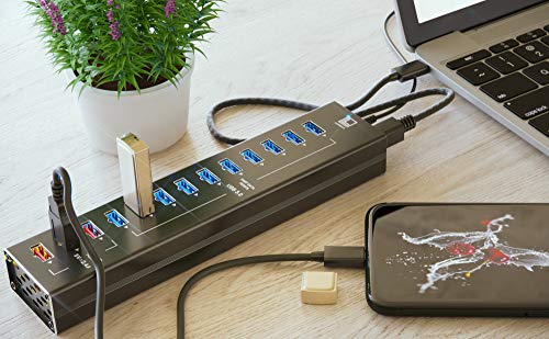 USB Hub Powered - Multi Port USB Hub with 10 USB 3.0 Ports, 3 Charging Ports, Cords C and A, Power Adapter - Black - by Latorice