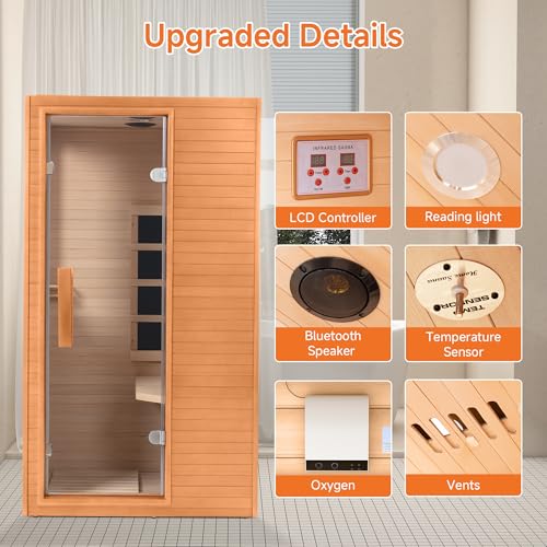 Real Relax 1 Person Infrared Sauna, Indoor Far Infrared Saunas for Home, Canadian Hemlock Wood Sauna with 950W/120v, 6 pcs Mica Heating Plates, Spa Room 33 * 27.3 * 59 Inch