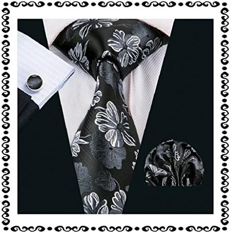 Men's Classic Floral Pattern Design Silk Necktie Tie Hanky Cufflink Set