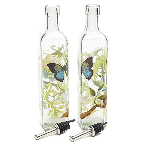 CEDAR HOME Olive Oil Bottle Set Glass Dispenser Vinegar Cruet 17oz. with Stainless Steel Leak Proof Pourer Spout for Cooking or Salad