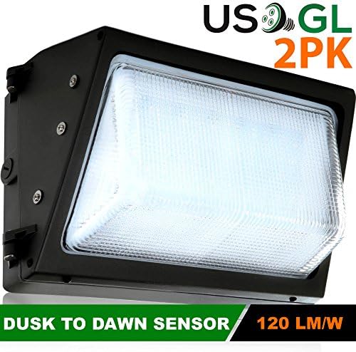 60W LED Wall Pack with Built-in Photo Sensor/Cell (150-400 Watt HPS/HID Replacement) 5000K (Daylight) 7232 Lumens, Commercial Grade, Glass Lens, Photocell Wallpack Lighting Fixture (2 Pack)