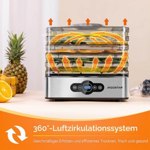 Crispy - Dörrautomat, Dörrgerät mit Temperaturregler, 240W, 35-70°C, 99h-Timer, 5 Einlegefächer, Dörrautomat Edelstahl für Fleisch, Obst, Gemüse, Dehydrator - BPA frei