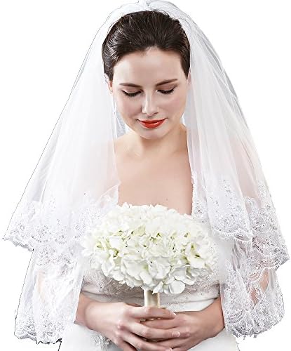 White 2T 2 Tiers Fingertip Wedding Veil Lace Silver Lined Beaded Edge