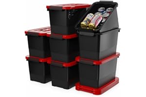 WYT 7 Quart Storage Bins with Lids and Latch, 8-Pack Stackable Plastic Organizing Box with Buckle and Handle, Durable Nestable Totes Containers (Black/Red)