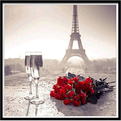 Cinhent Diamond Painting, Large 5D Embroidery Rhinestone Pasted DIY Cross Stitch, 30 x 30CM, Paris Eiffel Tower Red Rose, Creative Symbol of Romantic Love, Drawing Favor