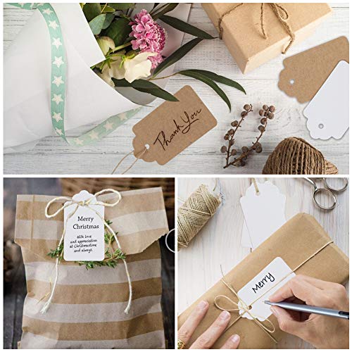 SallyFashion Paper Gift Tags, 100 PCS White Gift Tags 100 PCS Brown Gift Tags with String for DIY Arts and Crafts Christmas DIY Kraft Gift Tags