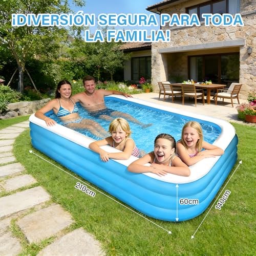 GALASALA Alberca para Niños, 210 × 140 × 60 Cm, Albercas Grandes Familiares, Piscina Rectangular de Tres Niveles, con Bolsa de Almacenamiento, Albercas Inflables para Niños, Fiesta Acuática de Verano