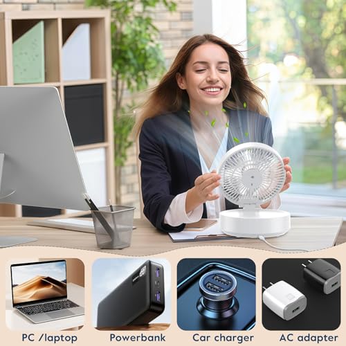 Table Fan, USB Rechargeable Powerful Quiet Fans with Remote Control, LED Display, 120° Rotation Oscillating, 3 Speed, Portable Fan for Office, Bedroom, Camping