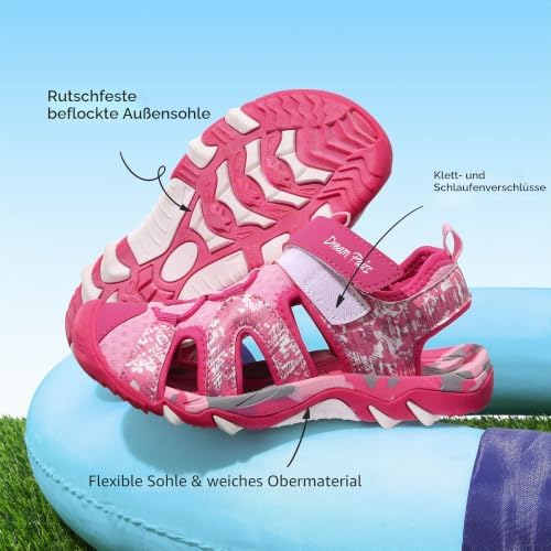 Mädchen Geschlossene Sandalen Sommer Jungen Sportsandalen Kinder Outdoor Strandsandalen Klettverschluss Atmungsaktiv Verschleißfest Unsex,Size 33,Hot Pink/Rosa,SDAS2305K-E