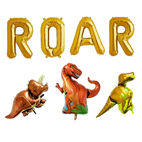 16" Roar Gold Letter Balloons with 3 Dinosaur Balloons for Dinosaur Birthday Theme