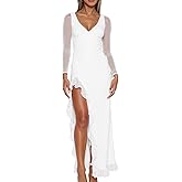 Mokoru Women Sexy V Neck Mesh Long Sleeve Ruffle Hem Bodycon High Slit Cocktail Party Maxi Dresses, X-Large, White