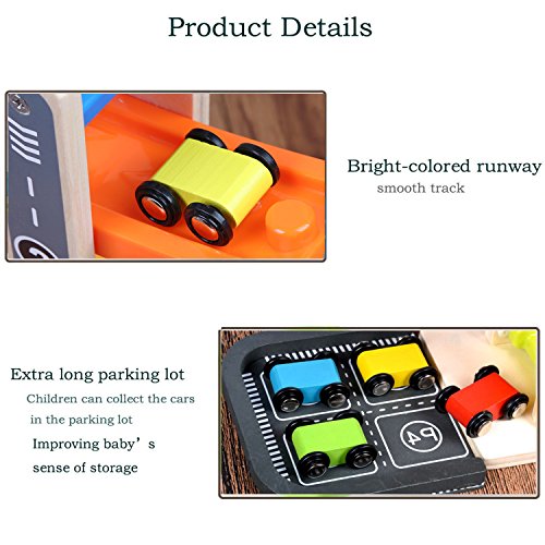 Joqutoys Wooden Ramp Race Car Track Parking Garage Set Kids Game Racing Kit Toys for Toddler with 4 Mini Racers