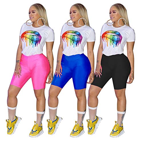 Women Cute Two Piece Outfits Short Sleeve Crop Top Shorts Pants Sets - Thumbnail 2