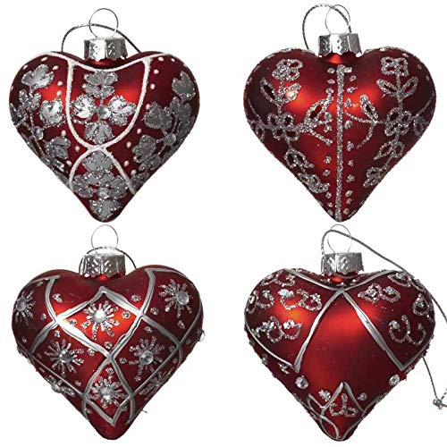Set of 4 Red Glass Heart Christmas Decorations D687