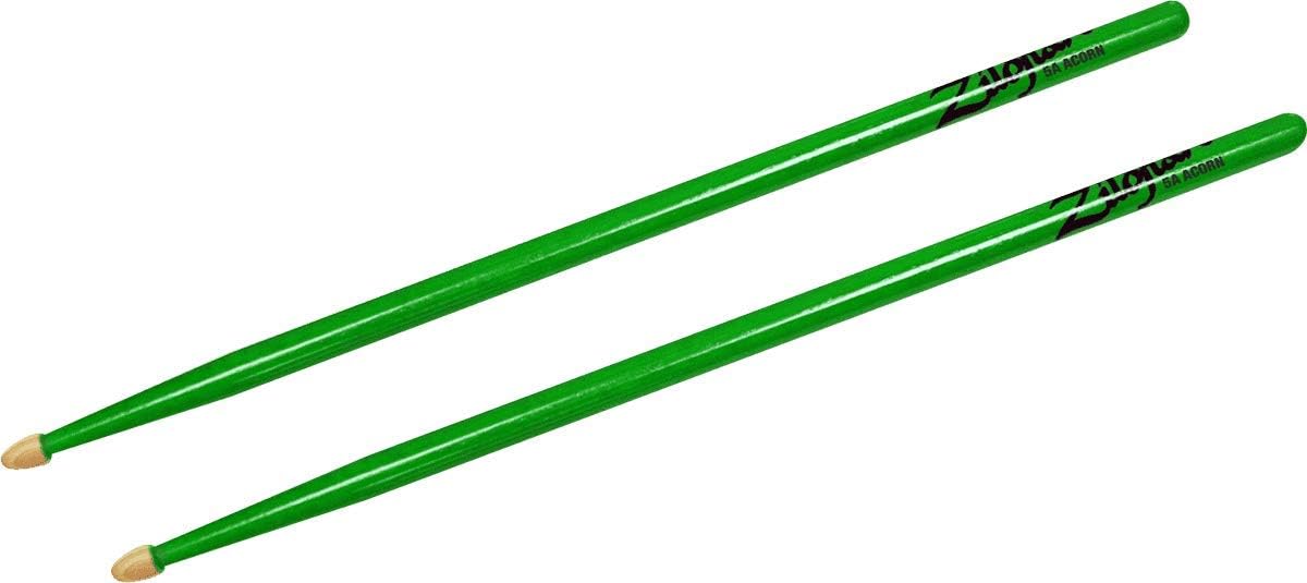 Zildjian Z5AACDGG 5A Hickory Drumsticks - Wood Acorn Tip - Neon Green