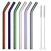 GINOVO 180mm * 8mm Reusable Bent Glass Drinking Straws, Set of 6 with 2 Cleaning Brushes, Multi Color - Green, Orange, Purple, Pink, Grey, Blue