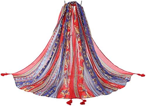 WANTU Womens Bohemia Style Long Gauze Wrap Sunproof Tassels Scarf (Style 2)
