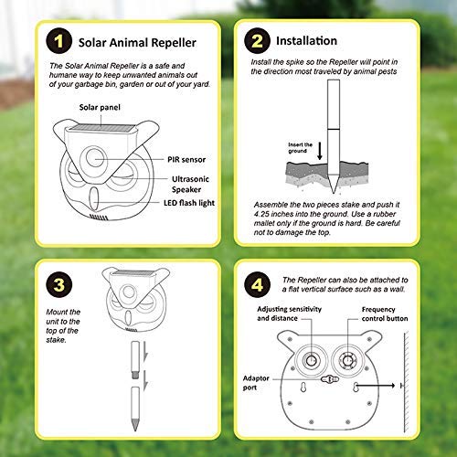ZOVENCHI Pest Repeller, Solar Powered Ultrasonic Animal Repeller with Ultrasonic Sound, Motion Sensor and Flashing Light Waterproof Outdoor pest Repeller for Cats, Dogs, Squirrels, Moles, Rats