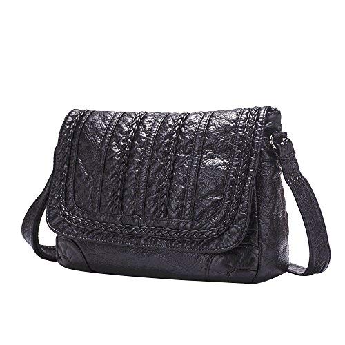 Borse a tracolla da donna in pelle Borse a tracolla casual lavato in PU per ragazze-Nero-1