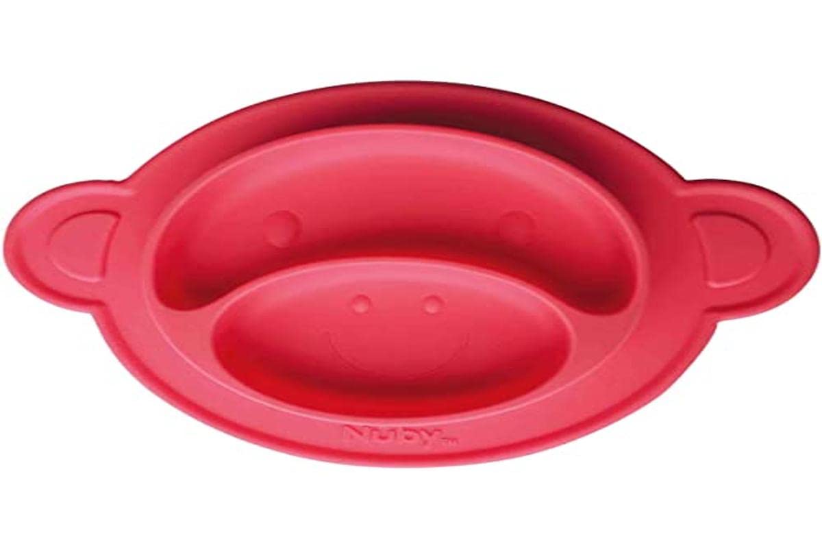 Nuby - Non-Slip/Absorbent Silicone Learning Plate - Children's Plates/Baby Plates - Monkey - Red - 9+ Months