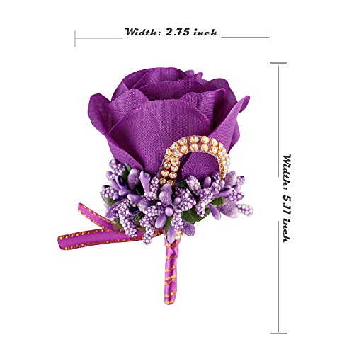 YSUCAU Rose Boutonniere Handmade Corsage Classic Artificial Groom Flowers Brooch with Pin for Wedding Prom Party (Dark Purple) - Thumbnail 4