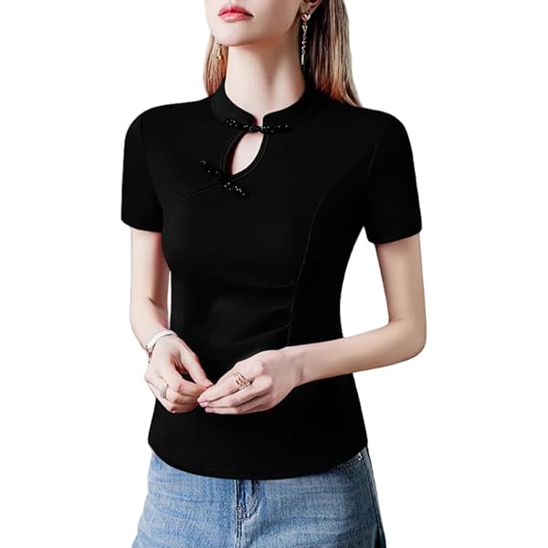 Women's Solid Standing Collar Button Up Short Sleeved T
