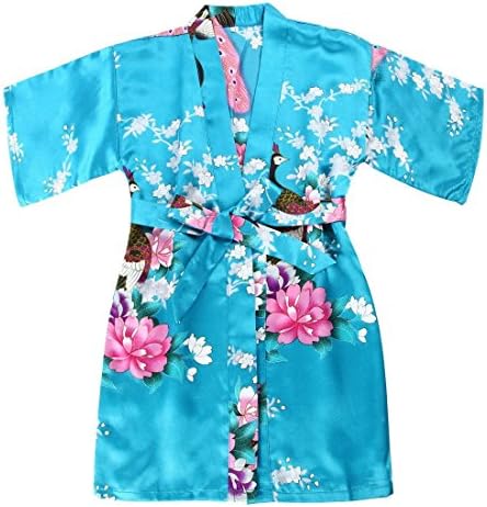 Toddler Girls' Satin Kimono Robe Peacock Blossoms Bathrobes Weeding Gown SPA Wedding Birthday Ages 1-12