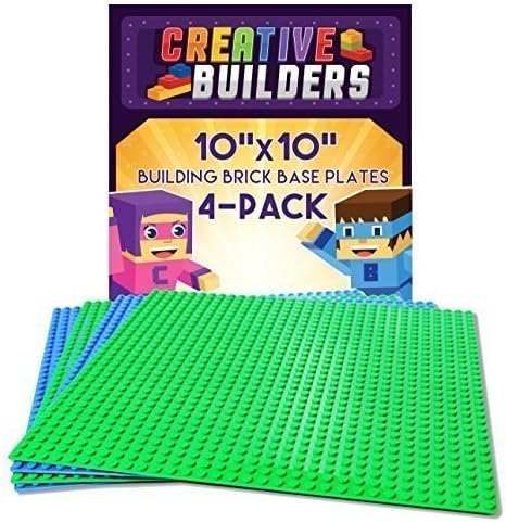Creative Builders - 4 Pack Green + Blue Variety Pack Base Plates | Large 10" X 10" | LEGO compatible