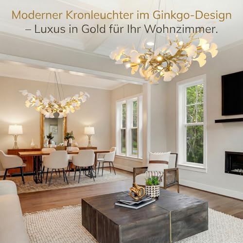 PIOUTNF Branch Chandelier, Modern Dining Table Chandelier, Ceramic Ginkgo Leaf Chandelier, 10 x G9, Dimmable, L91.5 cm, Suitable for Living Room, Hallway, Kitchen, Bedroom, Without Bulb