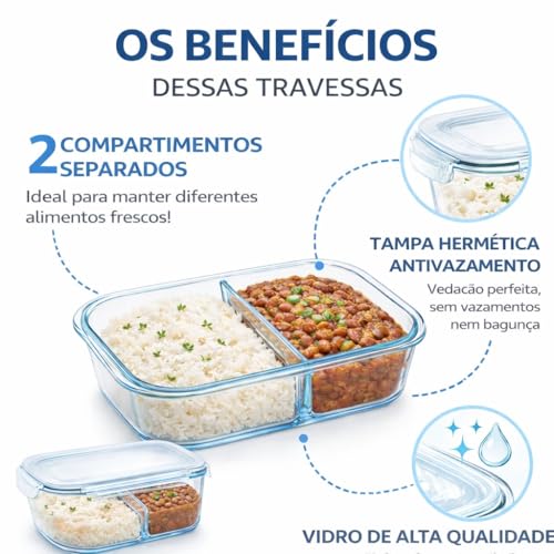 Pote Marmita de Vidro Borossilicato com Divisória | Hermético 2 Compartimentos 1040ml | Freezer Micro-ondas Livre BPA