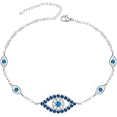 Fenthring Evil Eye Bracelet Sterling Silver Evil Eye Bracelet for Women Protection Greek Blue Turkish Third Link Chain 9 inch