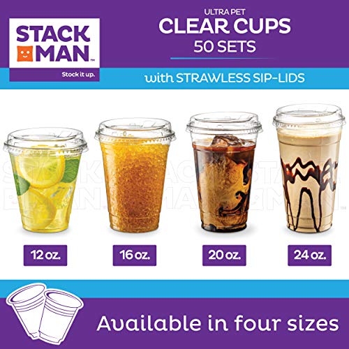 16 oz Clear Plastic Cups with Strawless Sip-Lids [50 Sets] PET Crystal Clear Disposable 16oz Plastic Cups with Lids - Crystal Clear, Durable Cup - BPA Free + Crack Resistant, for Coffee, Juice, Shakes