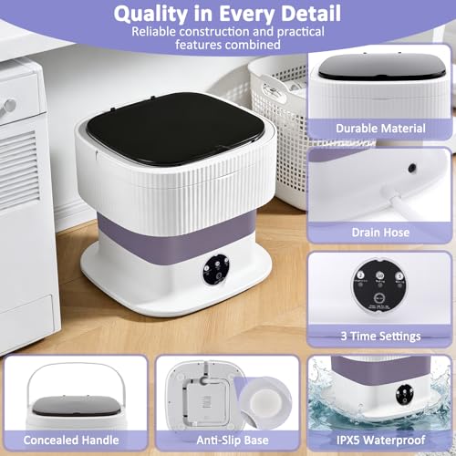 Mini Lavadora Portátil Plegable de 10L, Lavadora Compacta con 3 Modos de Lavado y Cesta de Centrifugado Extraíble, Residencias de Estudiantes, Acampadas y Viajes