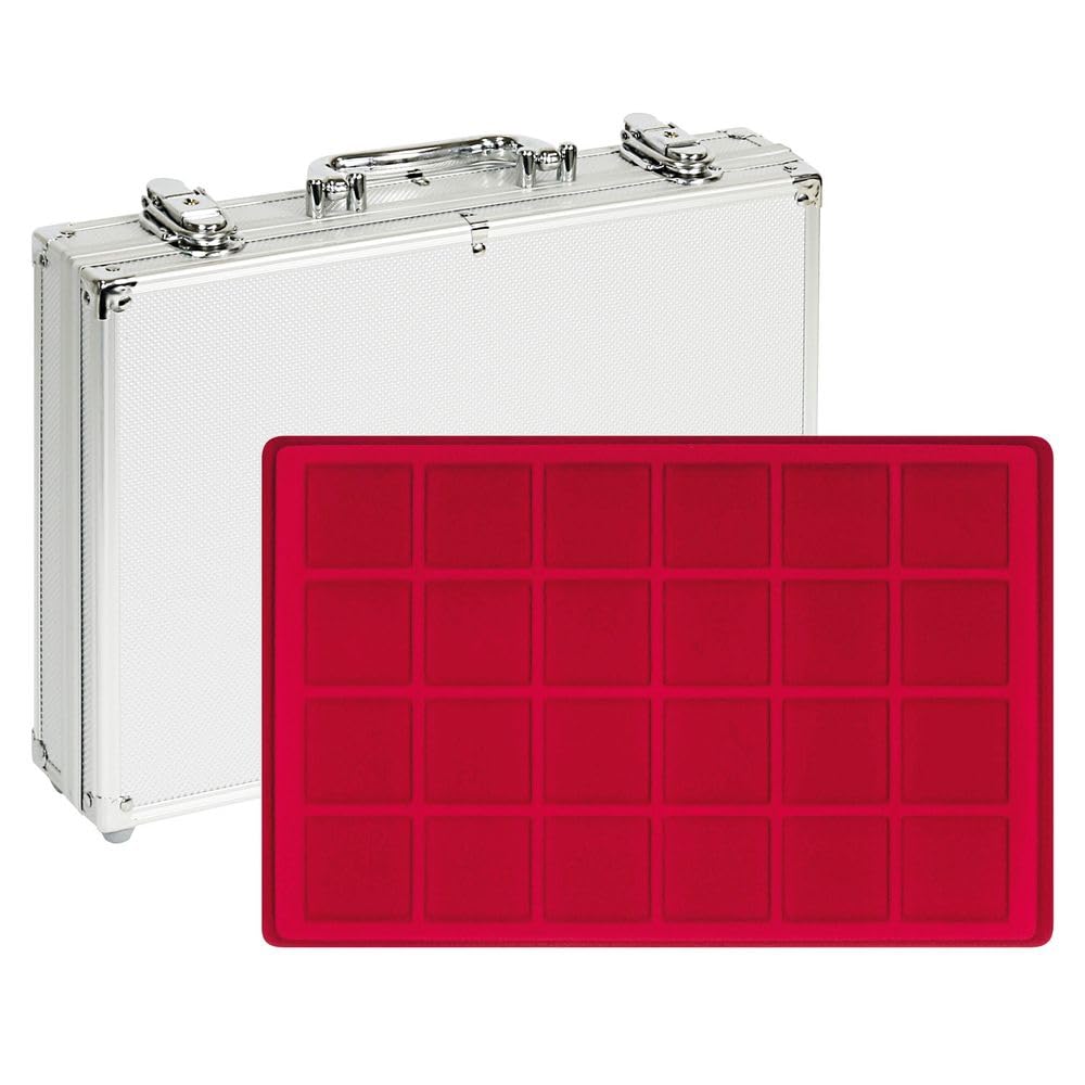 LINDNER Das Original Aluminium Coin Case with 5 Red Coin Trays for 120 Coins or Coin Capsules up to 45 mm Diameter