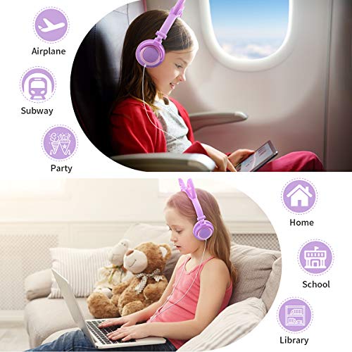 Kids Headphones, Cat Ear Wired Headphones for Girls Boys, Over Ear Headset Foldable Adjustable 85db Volume Limited for iPhone/iPad/PC(Purple+Pink)